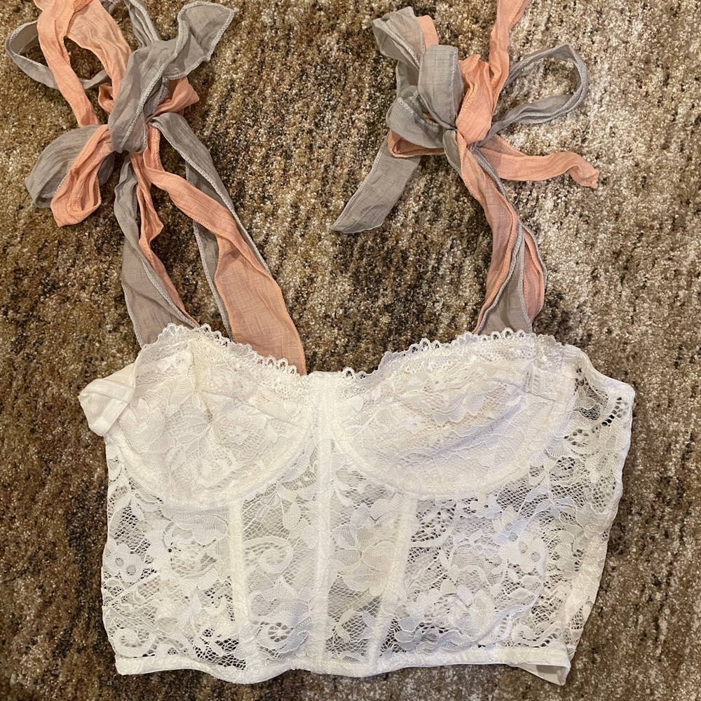 Women’s White Corset Top with Pink and Gray Straps Size Large